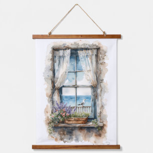 Seaside Window View Watercolor Coastal Scene Hanging Tapestry