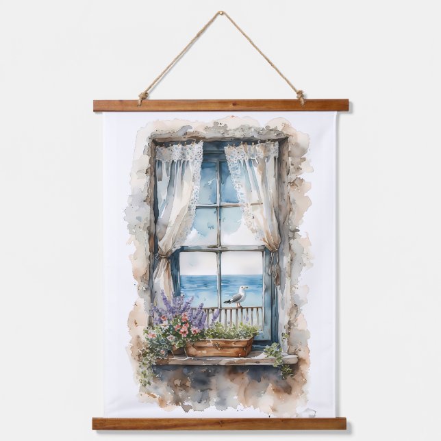 Seaside Window View Watercolor Coastal Scene Hanging Tapestry (Front)