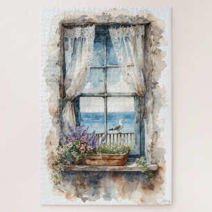 Seaside Window View Watercolor Coastal Scene Jigsaw Puzzle
