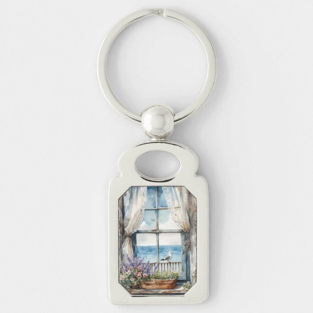 Seaside Window View Watercolor Coastal Scene Keychain (Front)