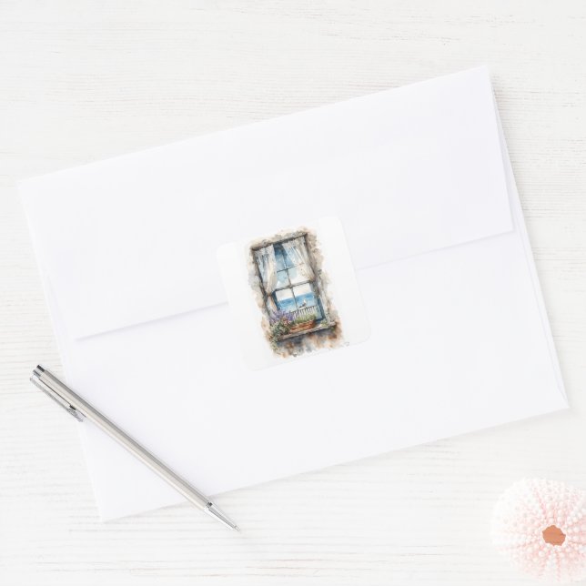 Seaside Window View Watercolor Coastal Scene Square Sticker (Envelope)
