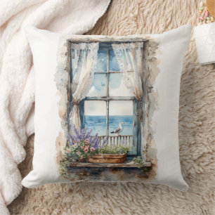 Seaside Window View Watercolor Coastal Scene Throw Pillow