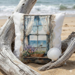 Seaside Window View Watercolor Coastal Scene Throw Pillow