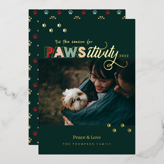 Season For Pawsitivity Fun Green Pet Dog Photo Foil Holiday Card (Front/Back)