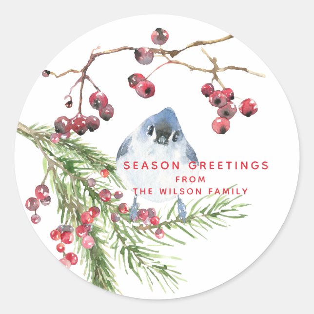 Season Greetings -  Christmas  Greenery w Bird Classic Round Sticker (Front)