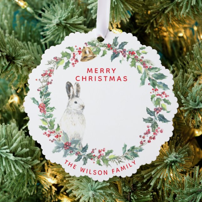 Season Greetings - Holly Wreath w. Hare Christmas Ornament Card (Insitu (Tree))