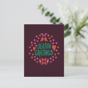Season greetings in green handwriting with hearts postcard