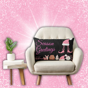 Season Greetings - Pink on Black   Lumbar Pillow
