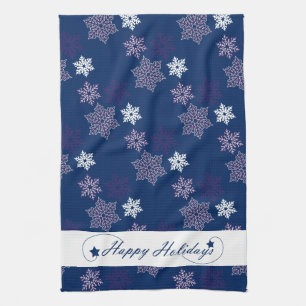 Season Greetings Snowflakes on Navy Blue Kitchen Towel