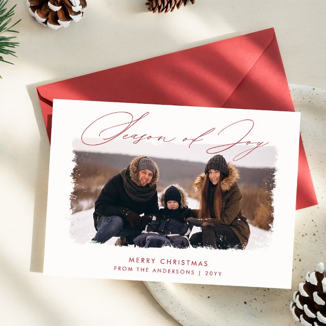 Season of Joy Red Script Family Photo Christmas Holiday Card (Creator Uploaded)