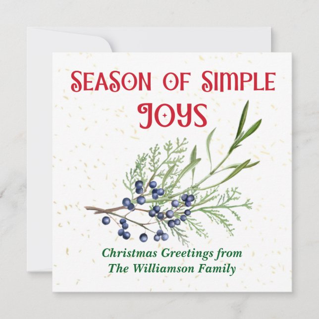 Season of Simple Joys Blue Juniper Christmas Holiday Card (Front)