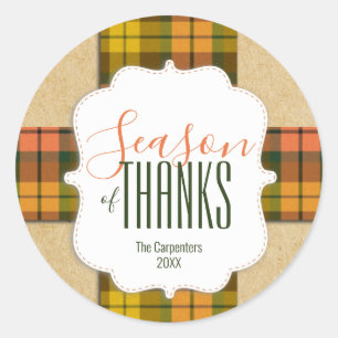 Season of Thanks Harvest Fall Plaid Ribbon Name Classic Round Sticker