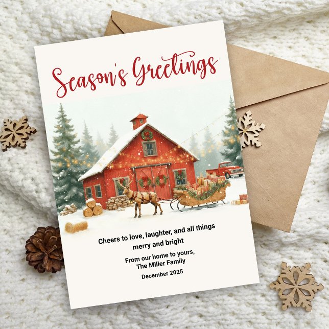 Season’s Greetings Christmas Card Watercolor Barn (Créateur téléchargé)