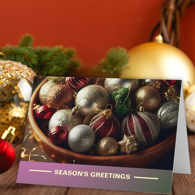 Season’s Greetings Festive Ornament Bowl Foil Holiday Card (Creator Uploaded)