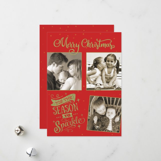 Season to Sparkle Christmas glitter custom 3 photo Holiday Card (Front/Back In Situ)