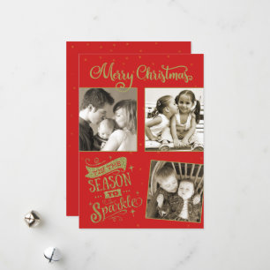 Season to Sparkle Christmas glitter custom 3 photo Holiday Card