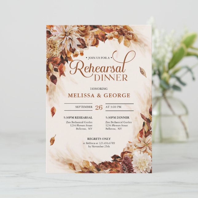 Seasonal fall and autumn flowers and leaves copper invitation (Standing Front)