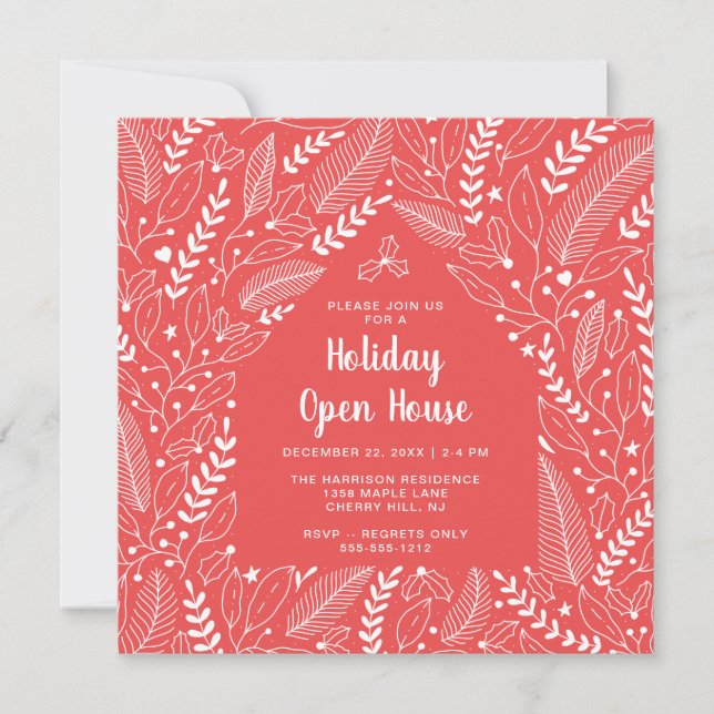 Seasonal Floral Red Modern Christmas Open House Invitation (Front)