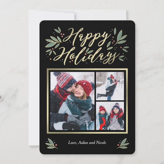 Seasonal Glow Editable Colour 3 Photo Holiday Card (Front)