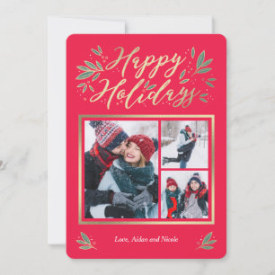 Seasonal Glow Editable Colour 3 Photo Holiday Card