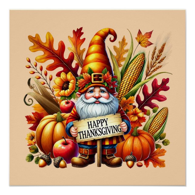 Seasonal Happy Thanksgiving gnome party  Poster (Front)