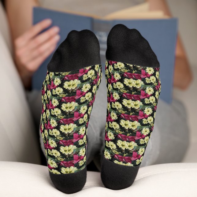 Seasonal Holiday Poinsettias Floral Pattern Socks (Bottom)