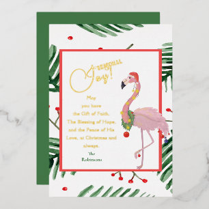 Seasonal Joy Tropical Leaves Pink Santa Flamingo Foil Holiday Card