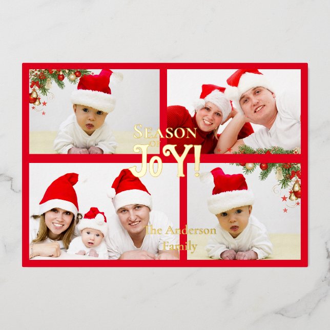 Seasonal Of Joy Family Photo Christmas Wreath Red Foil Holiday Card (Front)