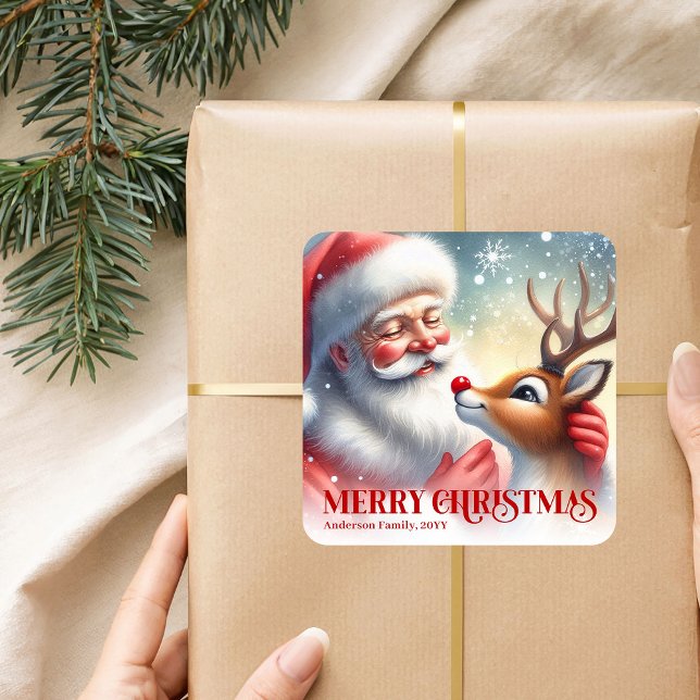 Seasonal Personalized Santa Rudolph Christmas Kids Square Sticker (Seasonal Personalized Santa Rudolph Christmas Sticker)
