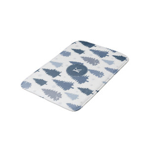 Seasonal Pine Trees and Snowflakes Pattern Bath Mat