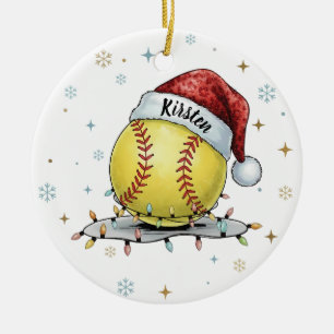 Seasonal Sparkle: Softball with Santa Hat Ceramic Ornament