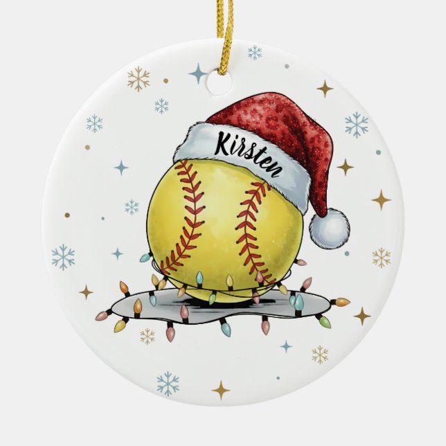 Seasonal Sparkle: Softball with Santa Hat  Ceramic Ornament (Front)