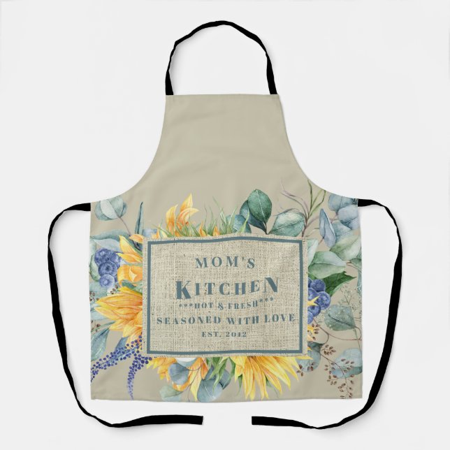 Seasoned with Love Mom's Kitchen Floral Tan Apron (Front)