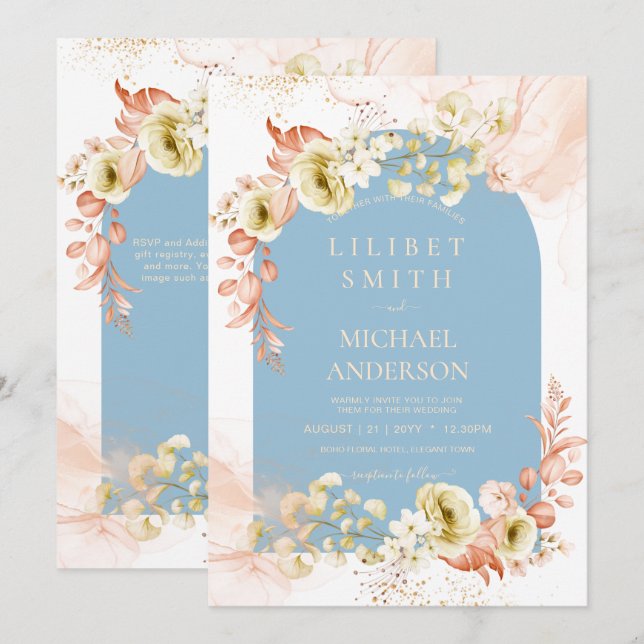 Seasons Dusty Blue Coral Floral Mix Wedding (Front/Back)