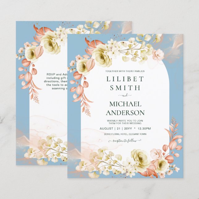 Seasons Dusty Blue Coral Floral Mix Wedding (Front/Back)