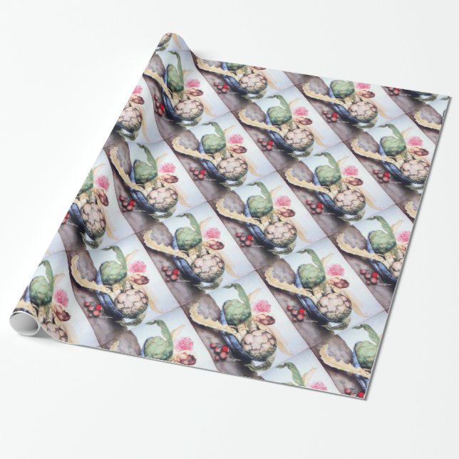 SEASON'S FRUITS / ARTICHOKES, ROSE & STRAWBERRIES WRAPPING PAPER (Unrolled)