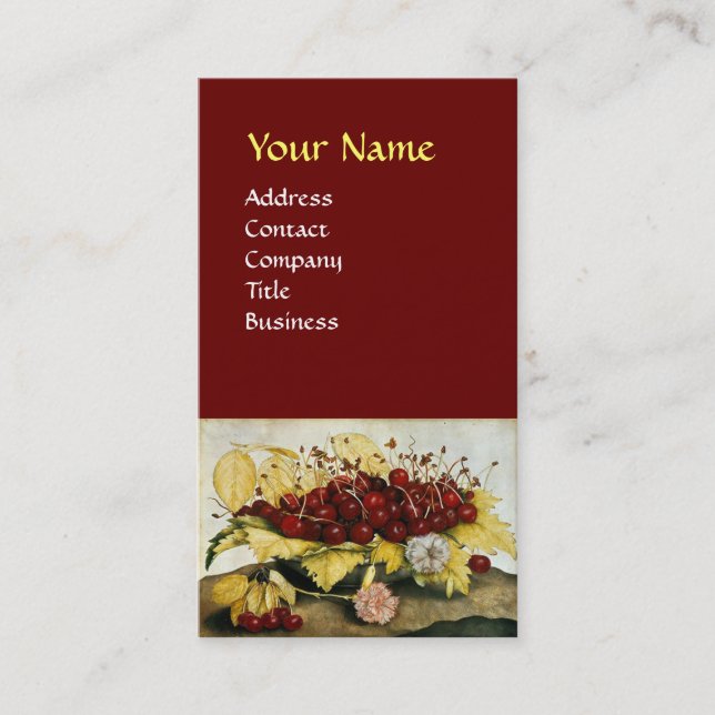 SEASON'S FRUITS / CHERRIES AND CARNATIONS,Red Business Card (Front)