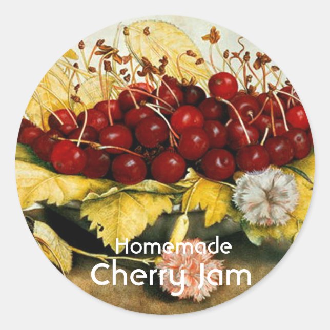 SEASON'S FRUITS CHERRIES ,CHERRY JAM Preserve Jar Classic Round Sticker (Front)