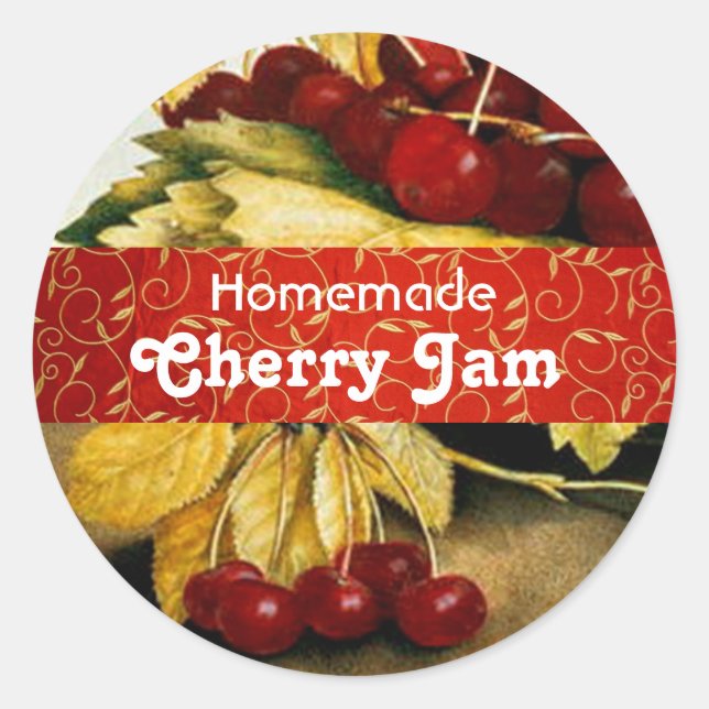 SEASON'S FRUITS CHERRIES ,CHERRY JAM Preserve Jar Classic Round Sticker (Front)