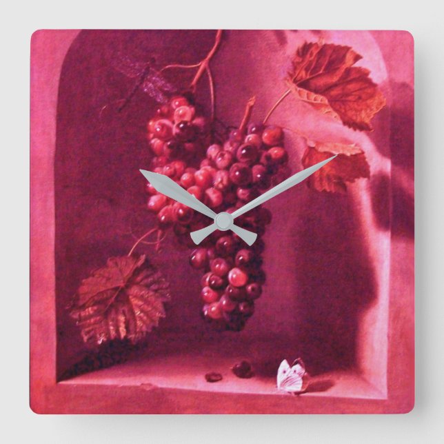 SEASON'S FRUITS HANGED GRAPES Antique Red Rustic Square Wall Clock (Front)