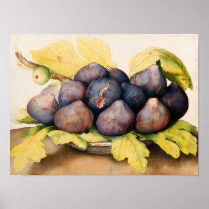 SEASON'S FRUITS / PLATE WITH FIGS AND GREEN LEAVES POSTER