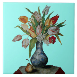 SEASON'S FRUITS /TULIPS IN VASE AND PEAR Teal Blue Tile