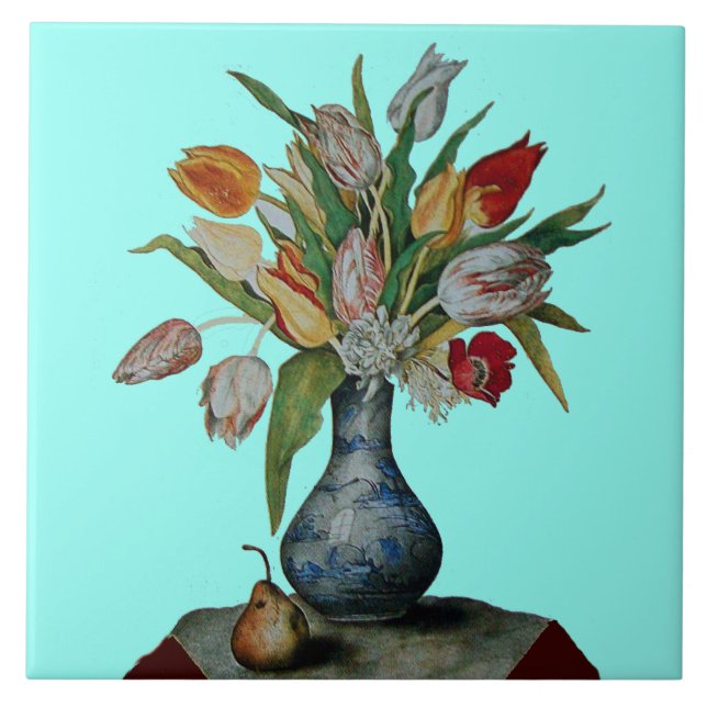 SEASON'S FRUITS /TULIPS IN VASE AND PEAR Teal Blue Tile (Front)