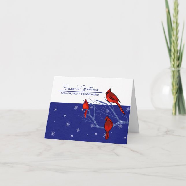 Season's Greeatings. Red Cardinals Christmas  Holiday Card (Front)