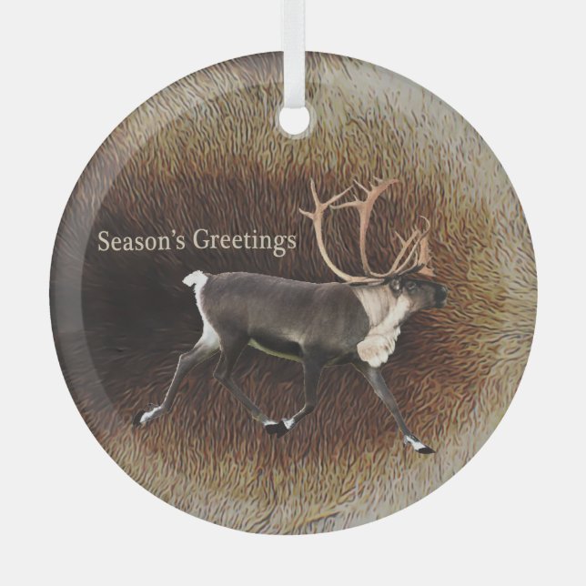 Season's Greeting - Bull Caribou (Reindeer) Glass Ornament (Front)