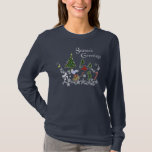 Seasons Greeting Long Sleeve Womens Shirt<br><div class="desc">This holiday long sleeve womens shirt is perfect for Christmas and the holiday season! Features a winter scene with Christmas trees,  candy canes,  ribbons,  doves,  hearts,  snowflakes,  stars,  stockings and other holiday imagery!</div>
