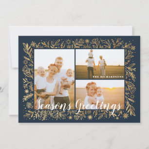Seasons Greeting Navy & Gold Foliage & Snowflakes Holiday Card