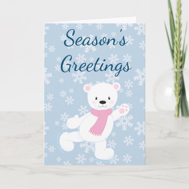 Season's Greeting Snowflakes Polar Bear Skate Holiday Card (Front)