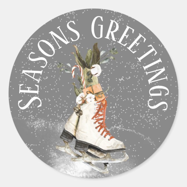 SEASONS GREETING WINTER SCENE WITH ICE SKATES CLASSIC ROUND STICKER (Front)