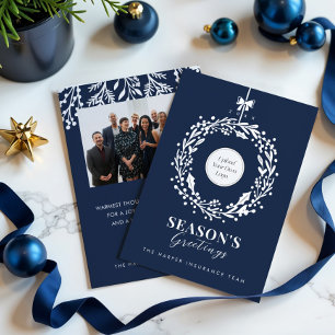 Season's Greeting Wreath Business Logo & Photo Holiday Card